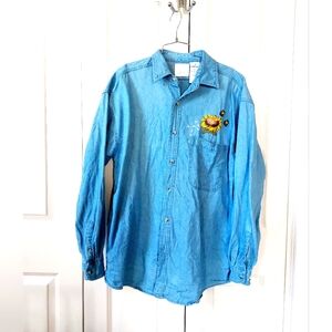 Honey Bees and Sunflowers Boyfriend style Chambray/Denim Shirt size Large 90s VT